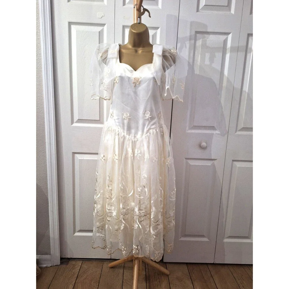 Cream Formal Midi Tea Dress Med Chiffon Bows Sheer Layer Fit Flare Cottage Fairy